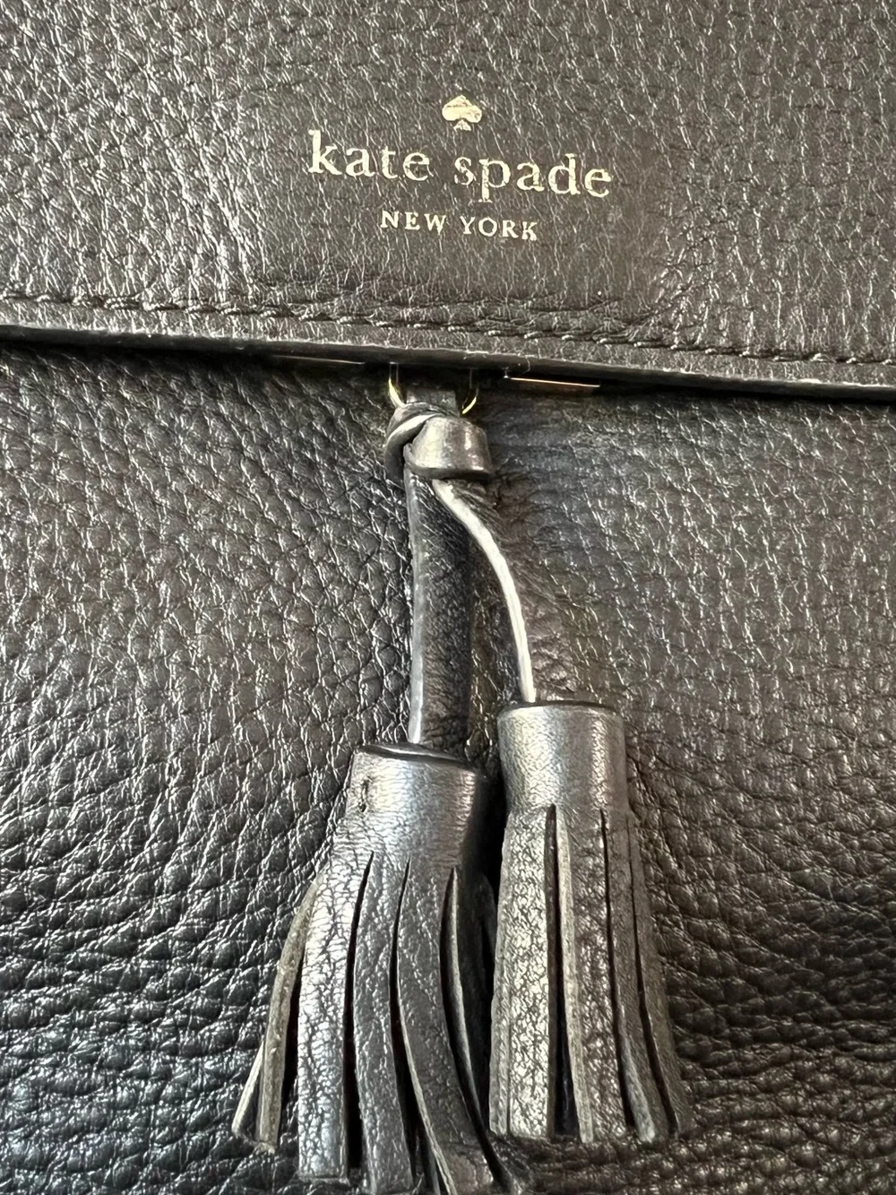 Kate Spade Black Pebbled Leather Medium Flap Tassel Backpack Top Handle